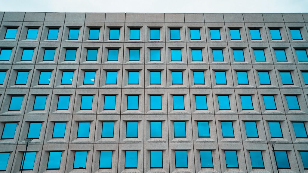 Blue and white concrete building